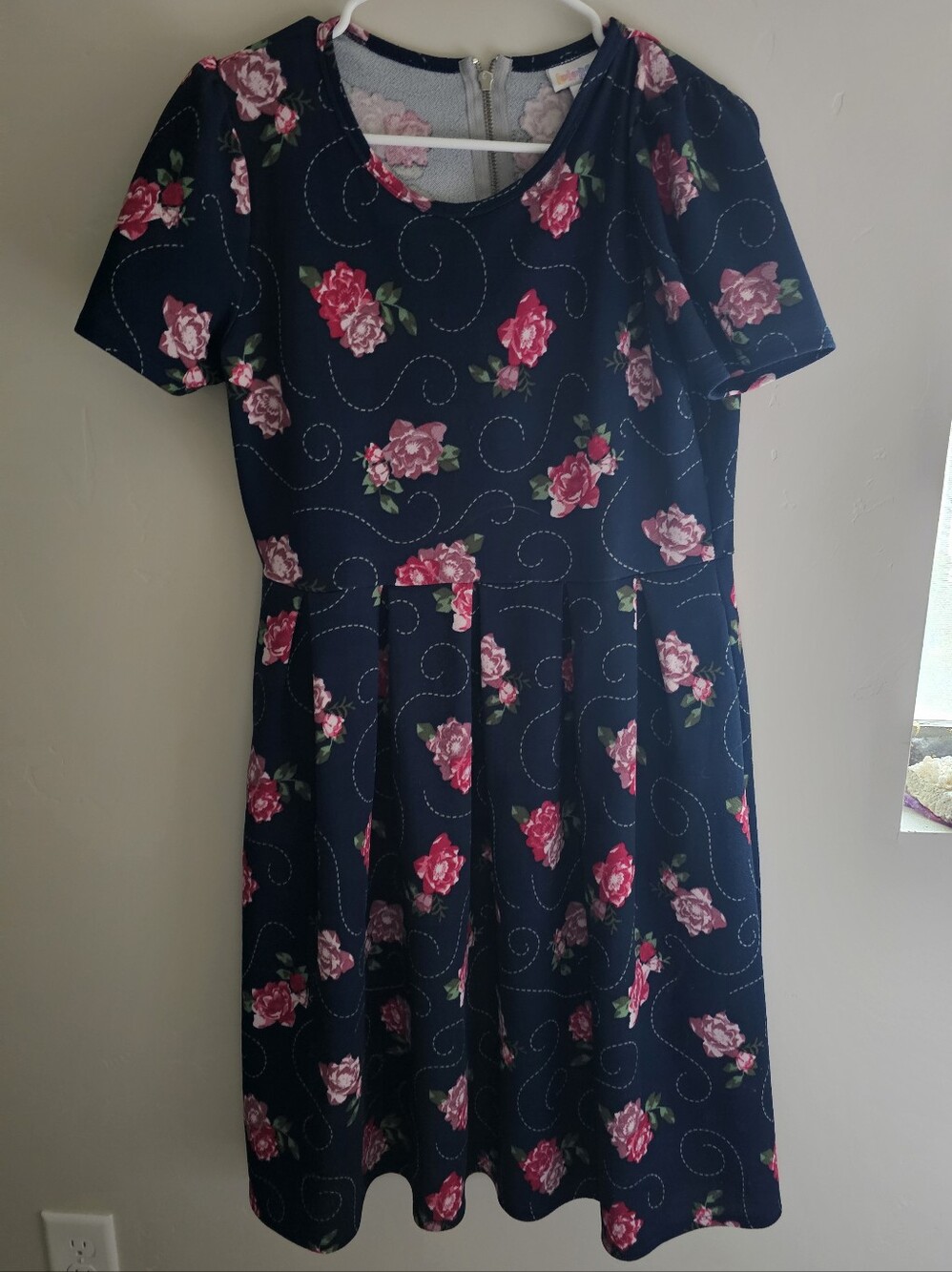 LuLaRoe Navy Floral Fit & Flare Dress with Pink Roses